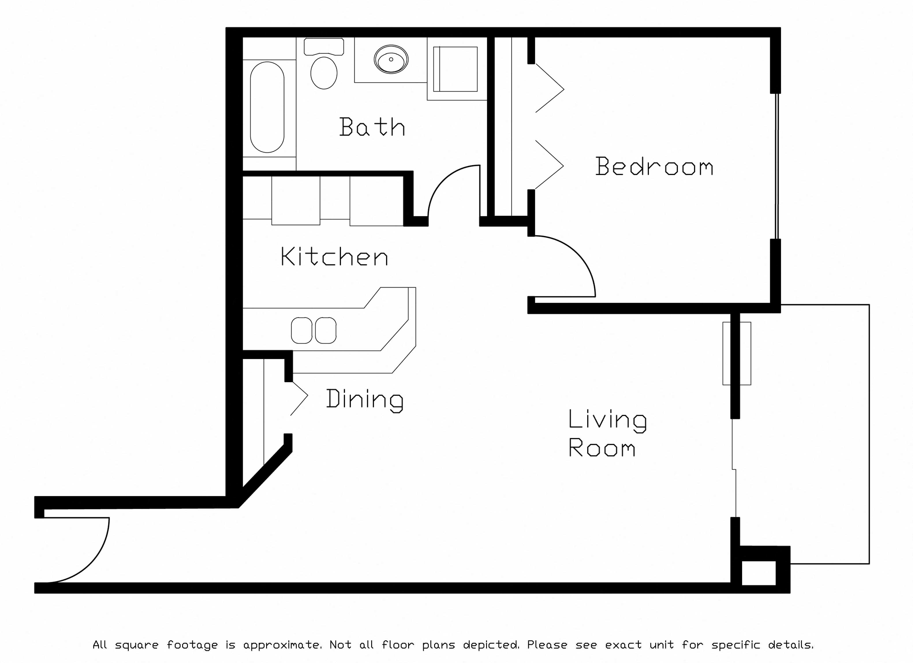 Floor plan for 1 bed, 1 bath, 715 sqft